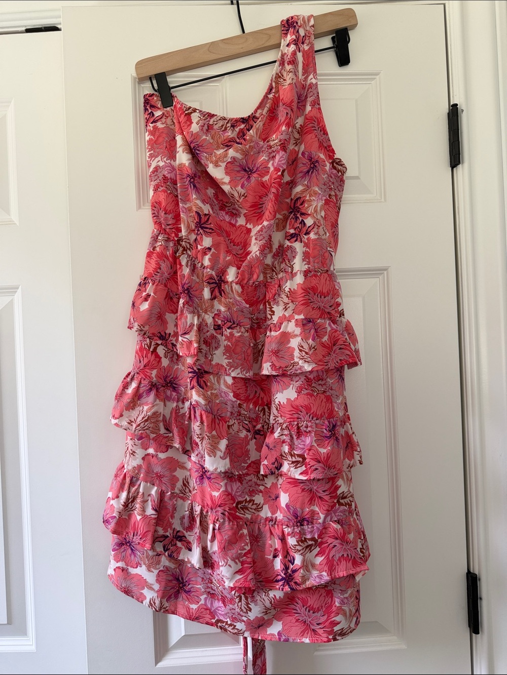 One-Shoulder Pink Floral Ruffle Dress with Tie Waist
